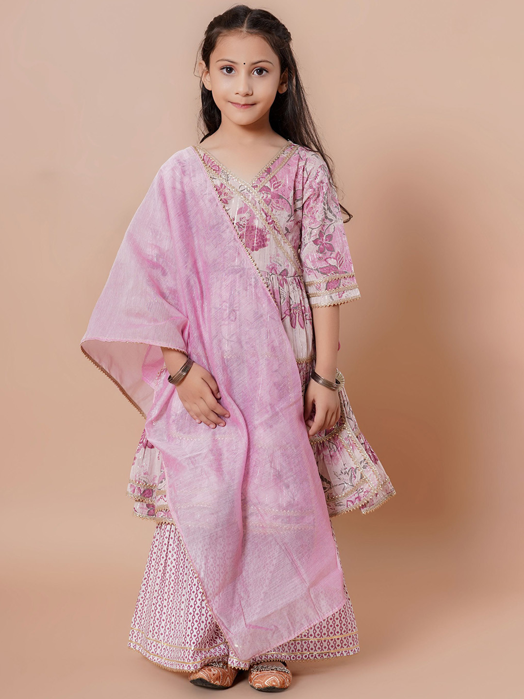 

Cutiediva Girls Floral Printed Tiered Gotta Patti Cotton Anarkali Kurta & Sharara &Dupatta, Lavender