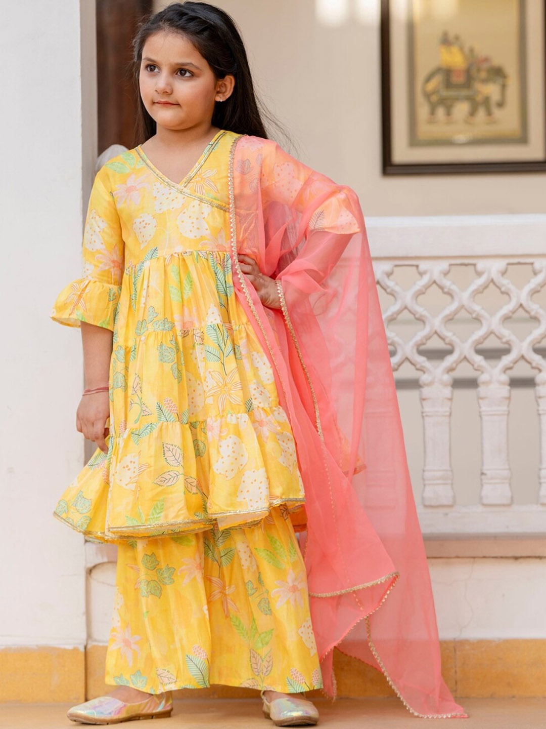 

Cutiediva Girls Floral Printed Angrakha Gotta Patti Anarkali Kurta With Sharara & Dupatta, Yellow