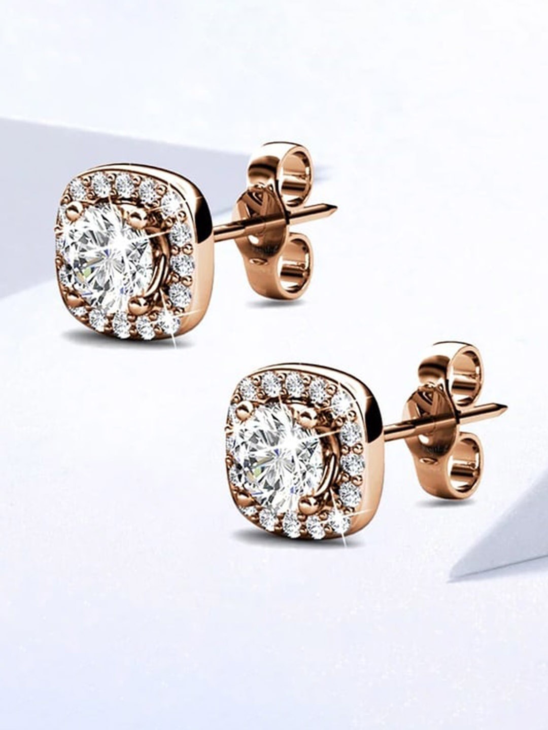 

925 SILLER 925 Pure Silver Zircon Studded Square Studs Earrings, Rose gold