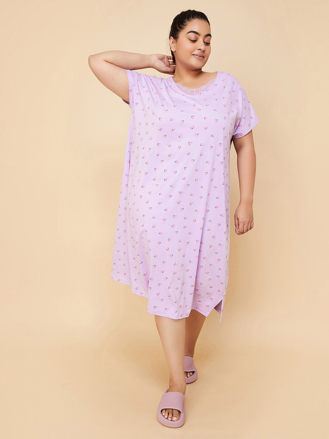 

max Plus Size Printed Pure Cotton T-shirt Nightdress, Purple