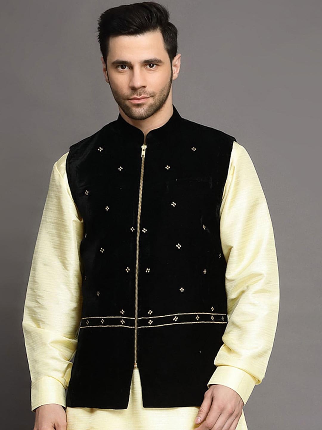 

Utsav Fashion Embroidered Velvet Nehru Jacket With Chain Closure, Black