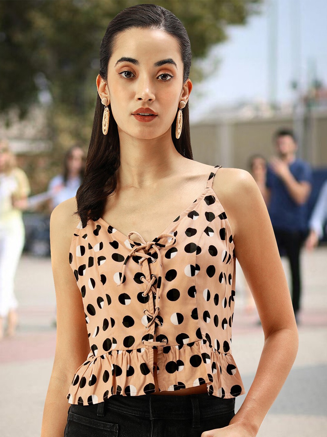 

Martini Polka Dots Printed Lace-Up Shoulder Straps Top, Peach