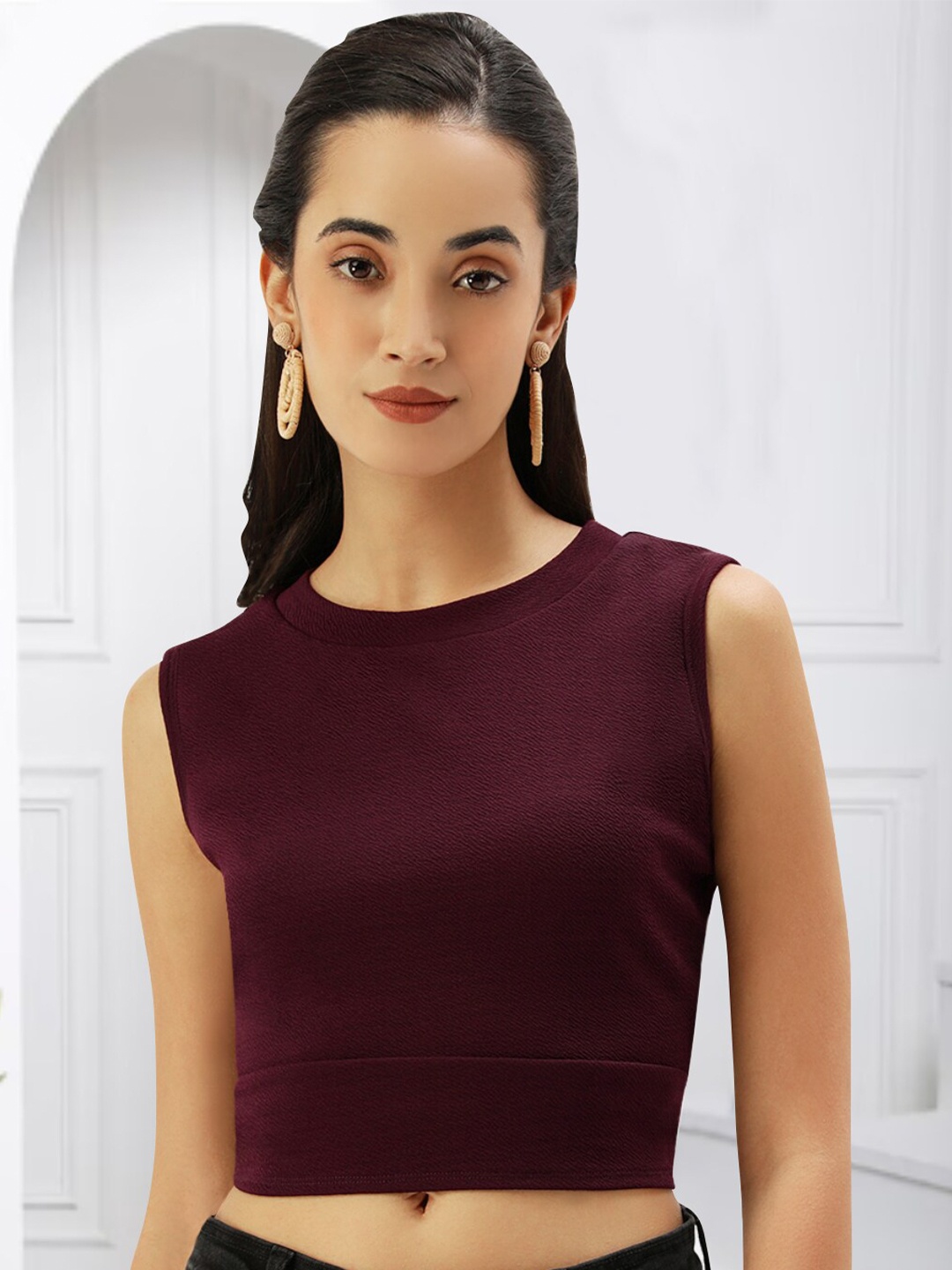 

Martini Round Neck Sleeveless Cut Out Styled Back Overlap Crop Top, Burgundy