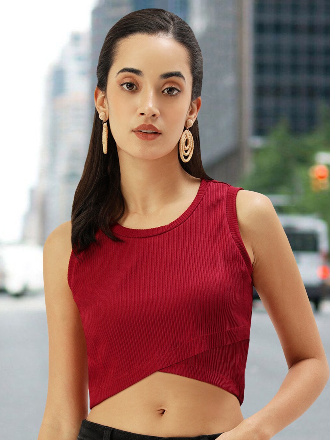 

Martini Vertical Stripes Sleeveless Crop Top, Red