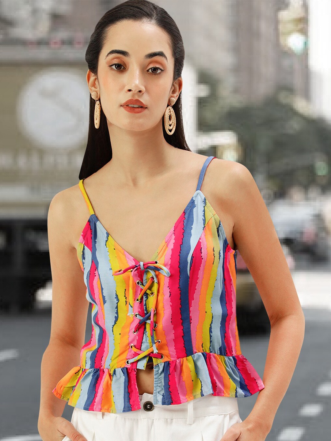 

Martini Abstract Printed V-Neck Lace-Up Sleeveless Top, Blue