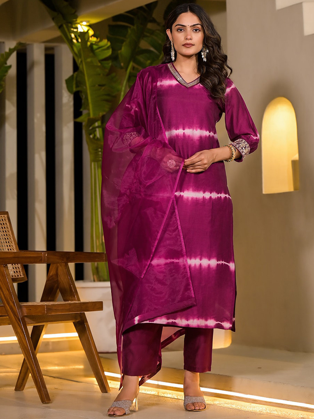 

Yufta Dyed Regular Sequinned Chanderi Silk Kurta with Trouser & Dupatta, Purple