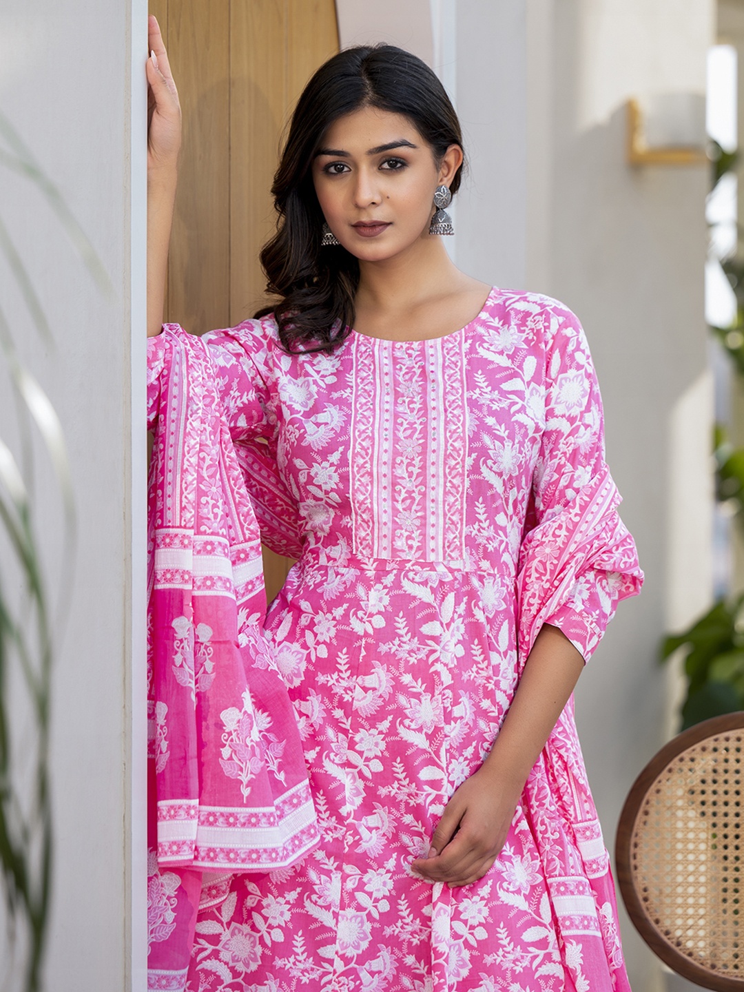 

Yufta Pink Printed Sequined Pure Cotton Panelled Anarkali Kurta With Trousers & Dupatta