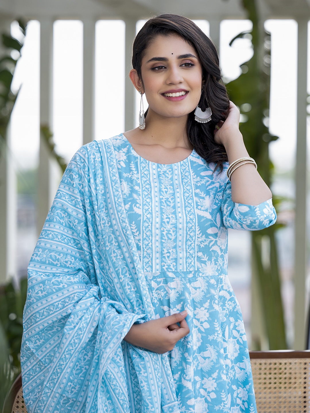 

Yufta Blue Printed Sequined Pure Cotton Panelled Anarkali Kurta With Trousers & Dupatta