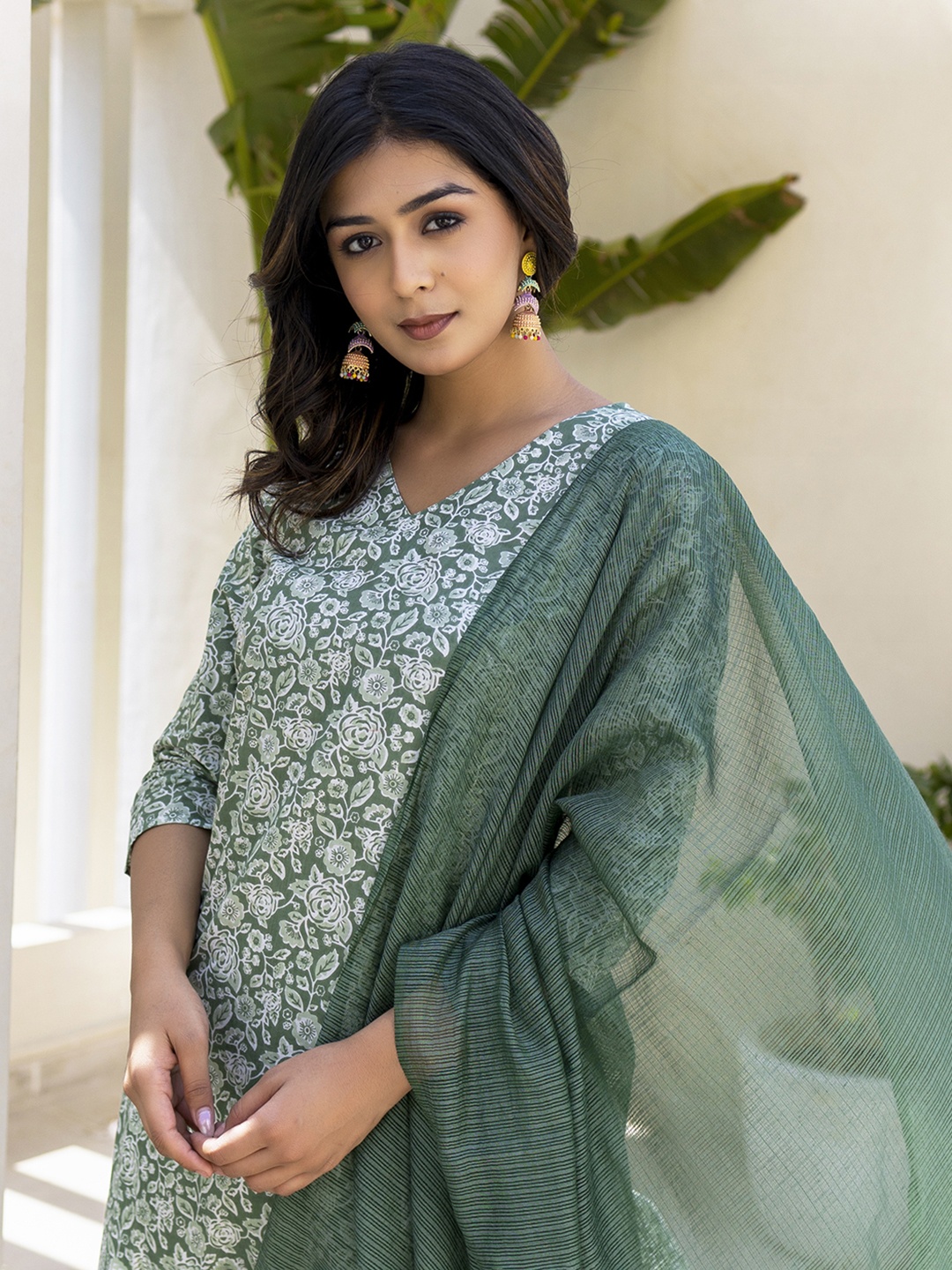 

Yufta Floral Printed Regular Pure Cotton Kurta with Trouser & Dupatta, Sea green