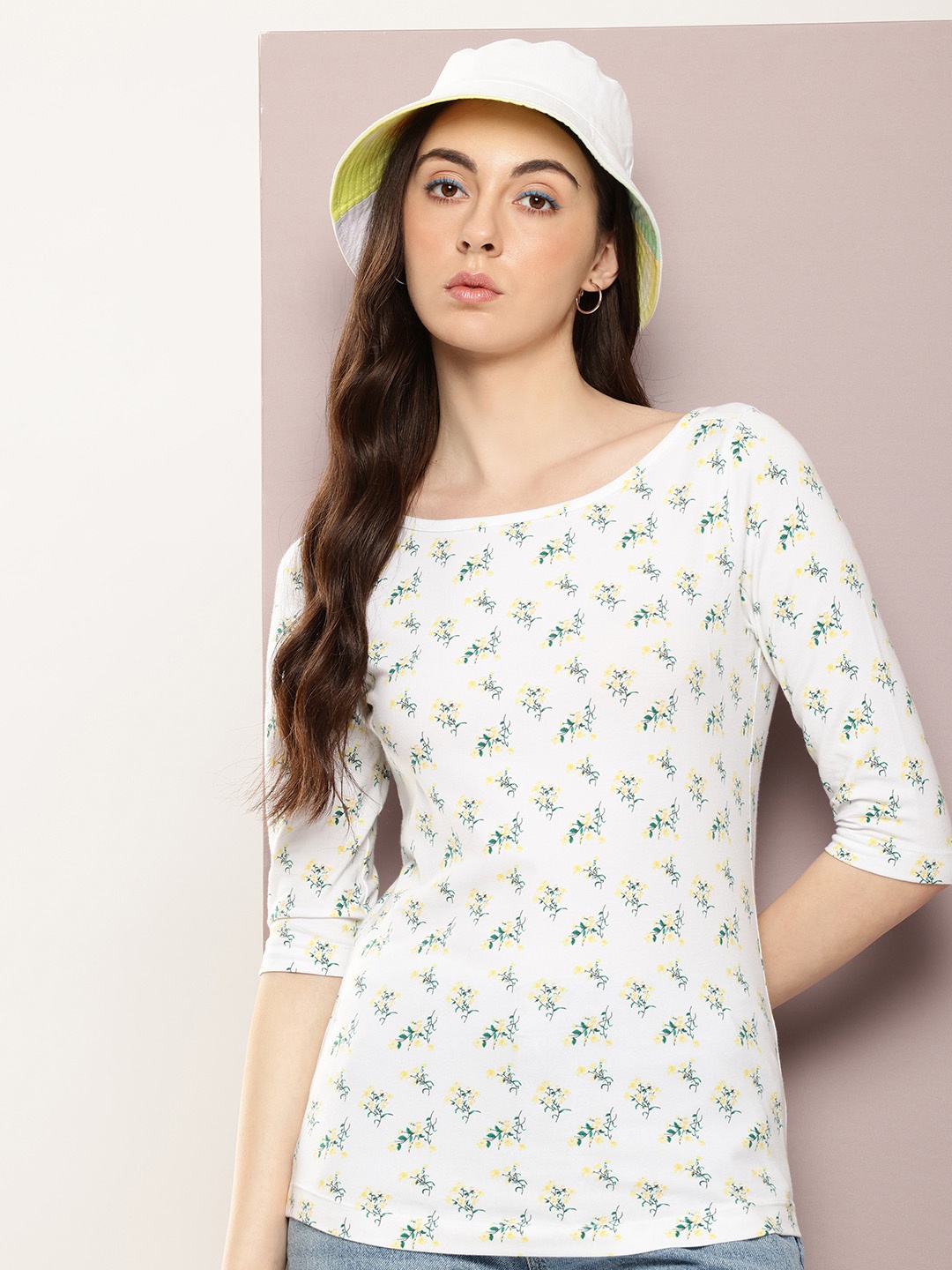 

Kook N Keech Floral Print Boat Neck Cotton Top, White