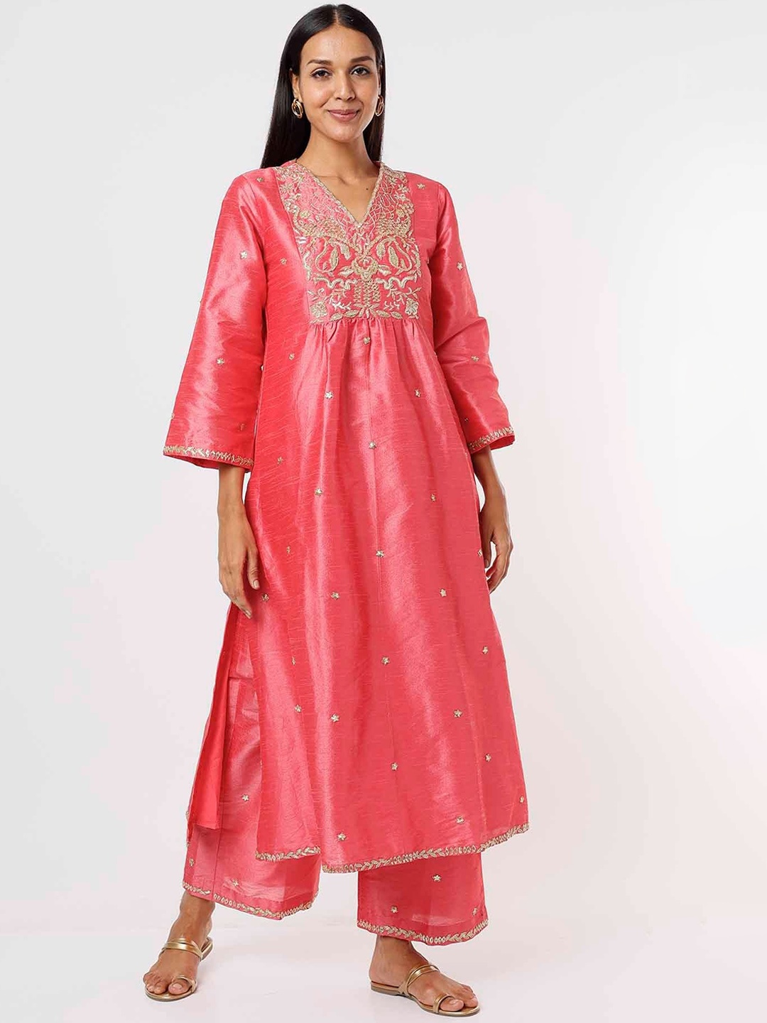 

Mehak Murpana Ethnic Motifs Embroidered Pleated Beads and Stones Raw Silk Kurta & Palazzos, Pink