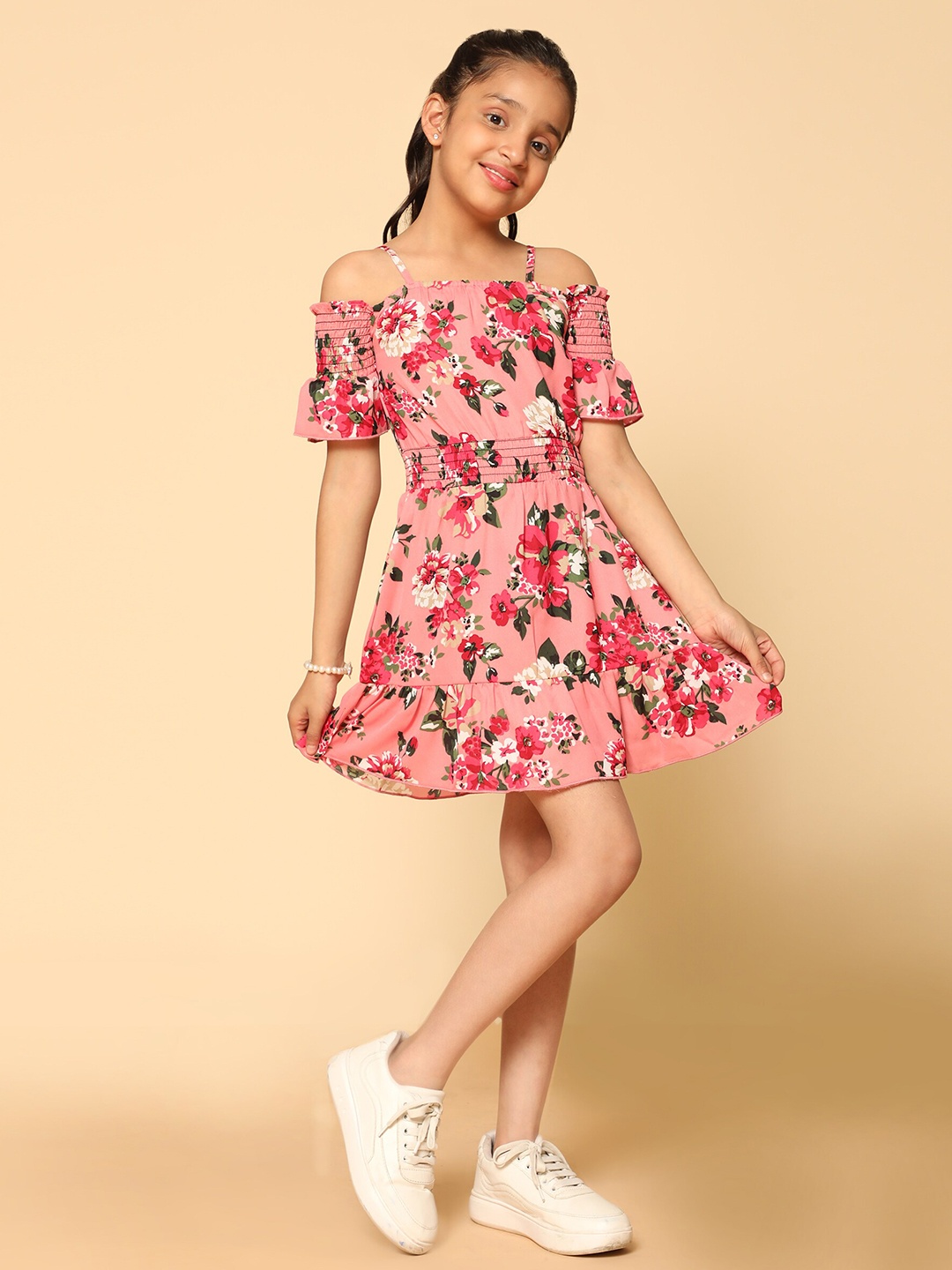 

Kids Cave Floral Print Cold-Shoulder Fit & Flare Dress, Pink