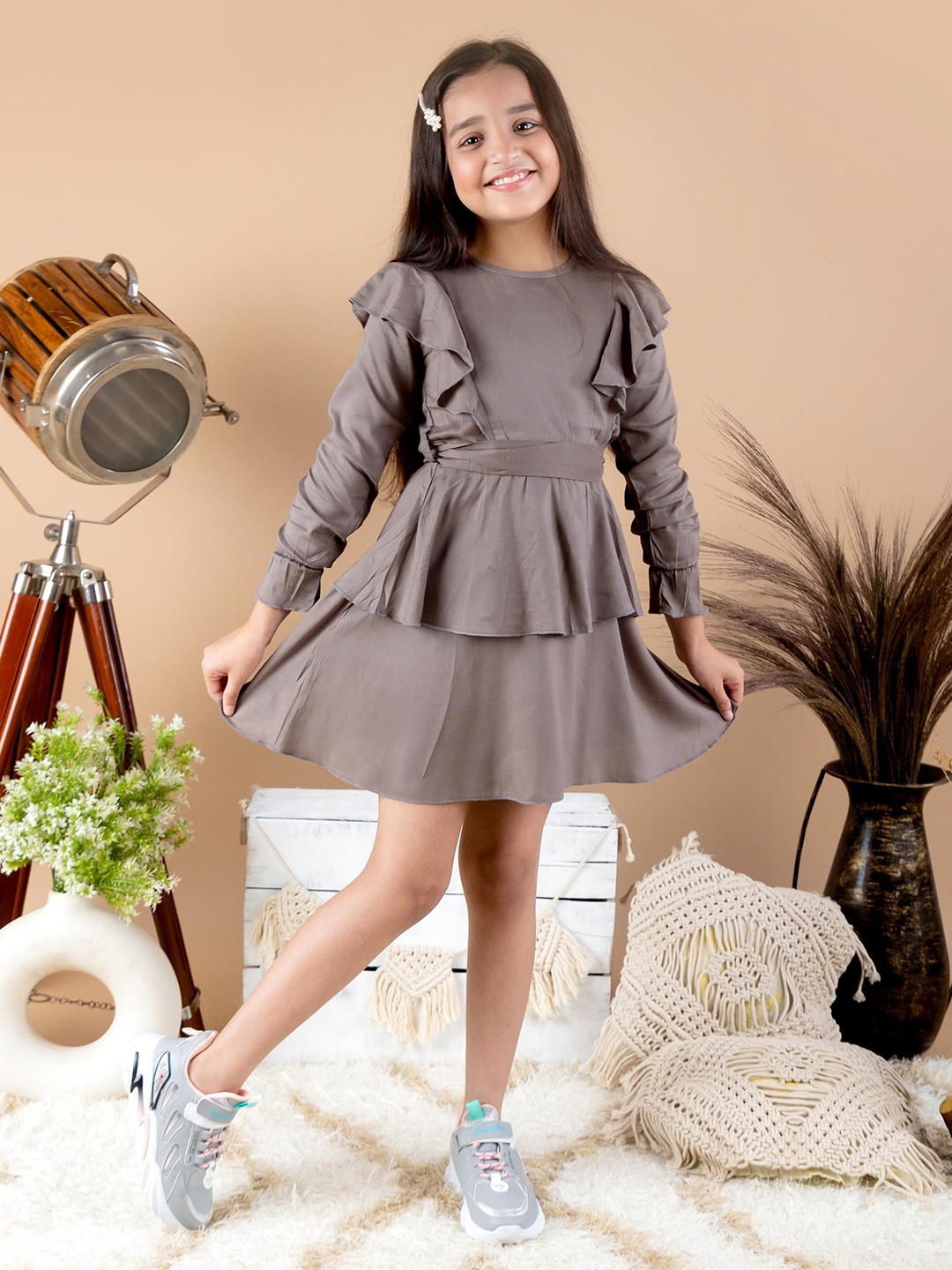 

Kids Cave Girls Round Neck Cotton Fit & Flare Dress, Grey