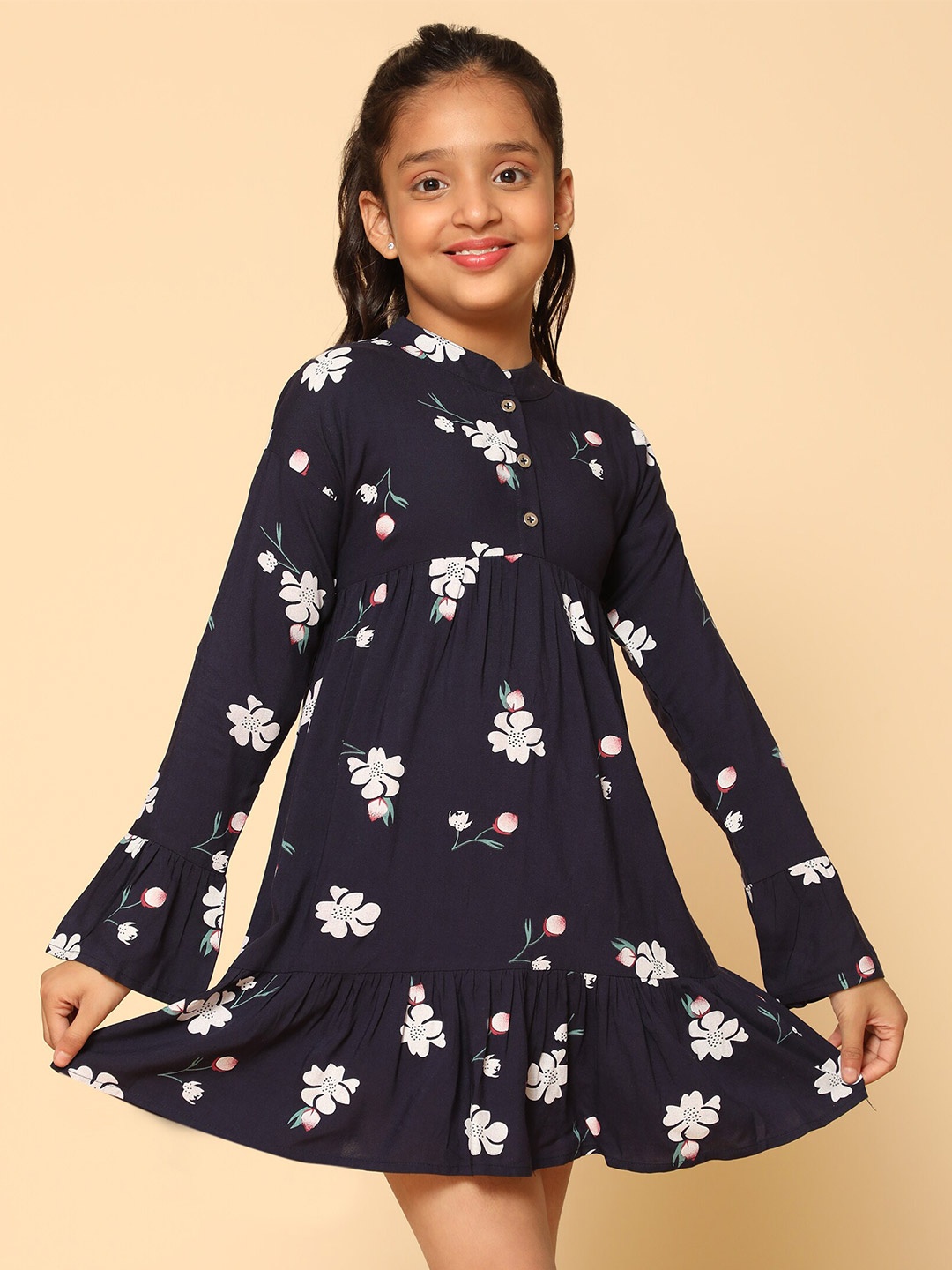 

Kids Cave Floral Print Tie-Up Neck Puff Sleeve A-Line Dress, Blue