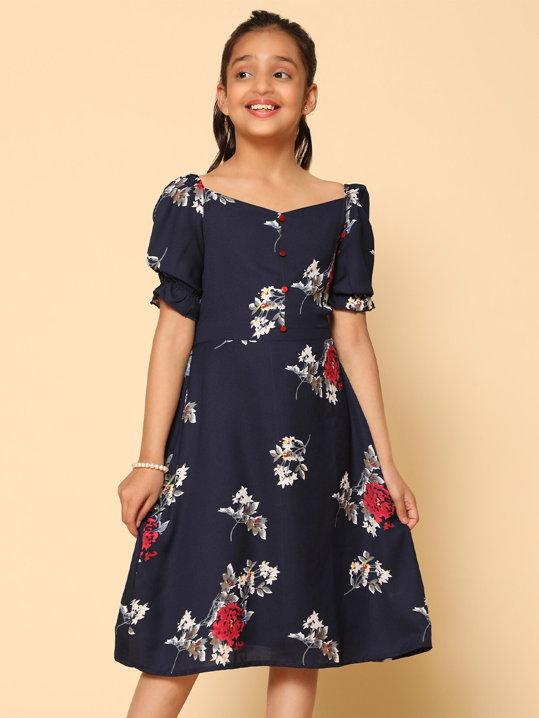 

Kids Cave Girls Floral Printed Sweetheart Neck Puff Sleeves Cotton A-Line Dress, Blue