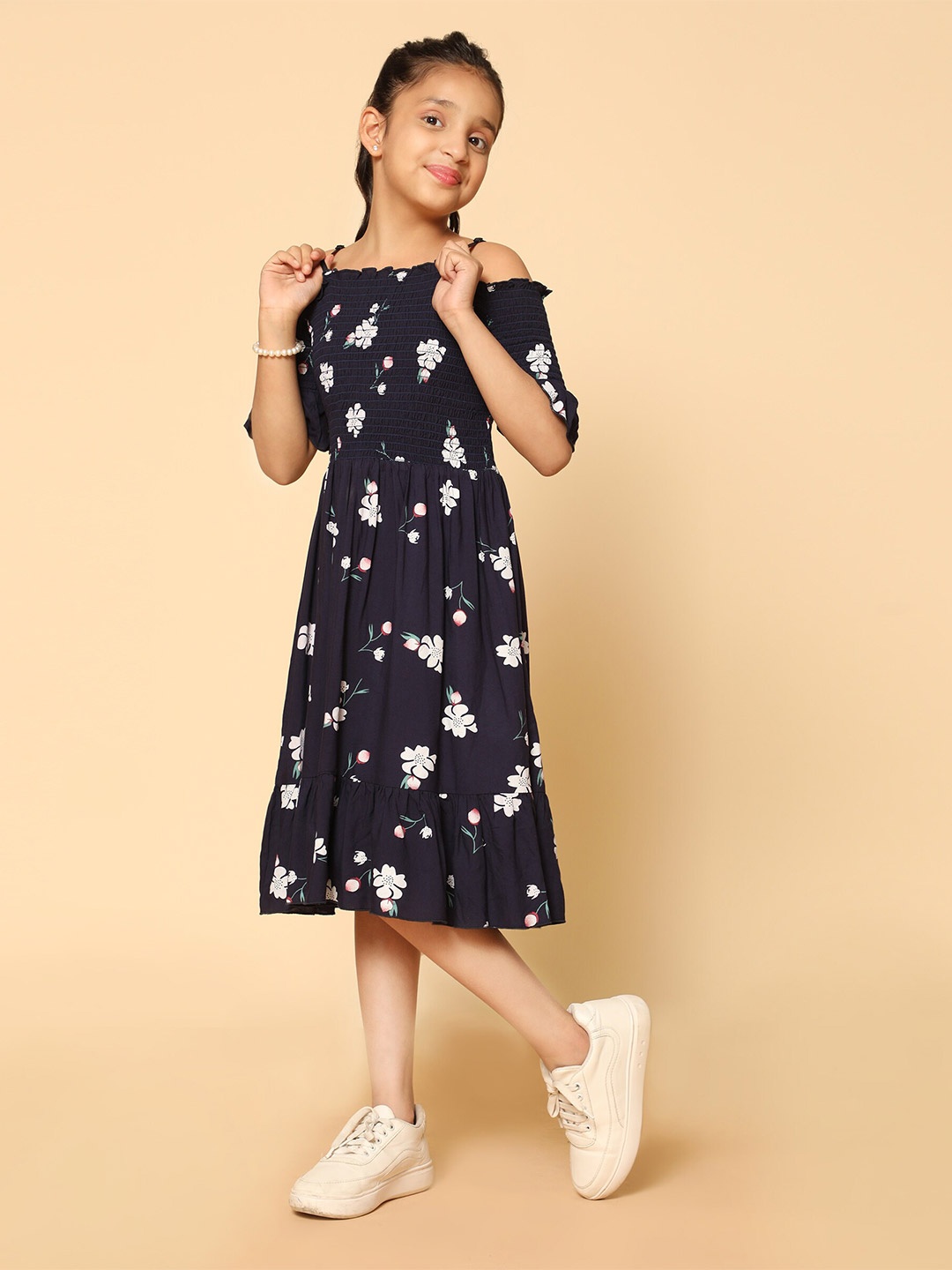 

Kids Cave Girls Floral Print Cold-Shoulder Fit & Flare Midi Dress, Blue