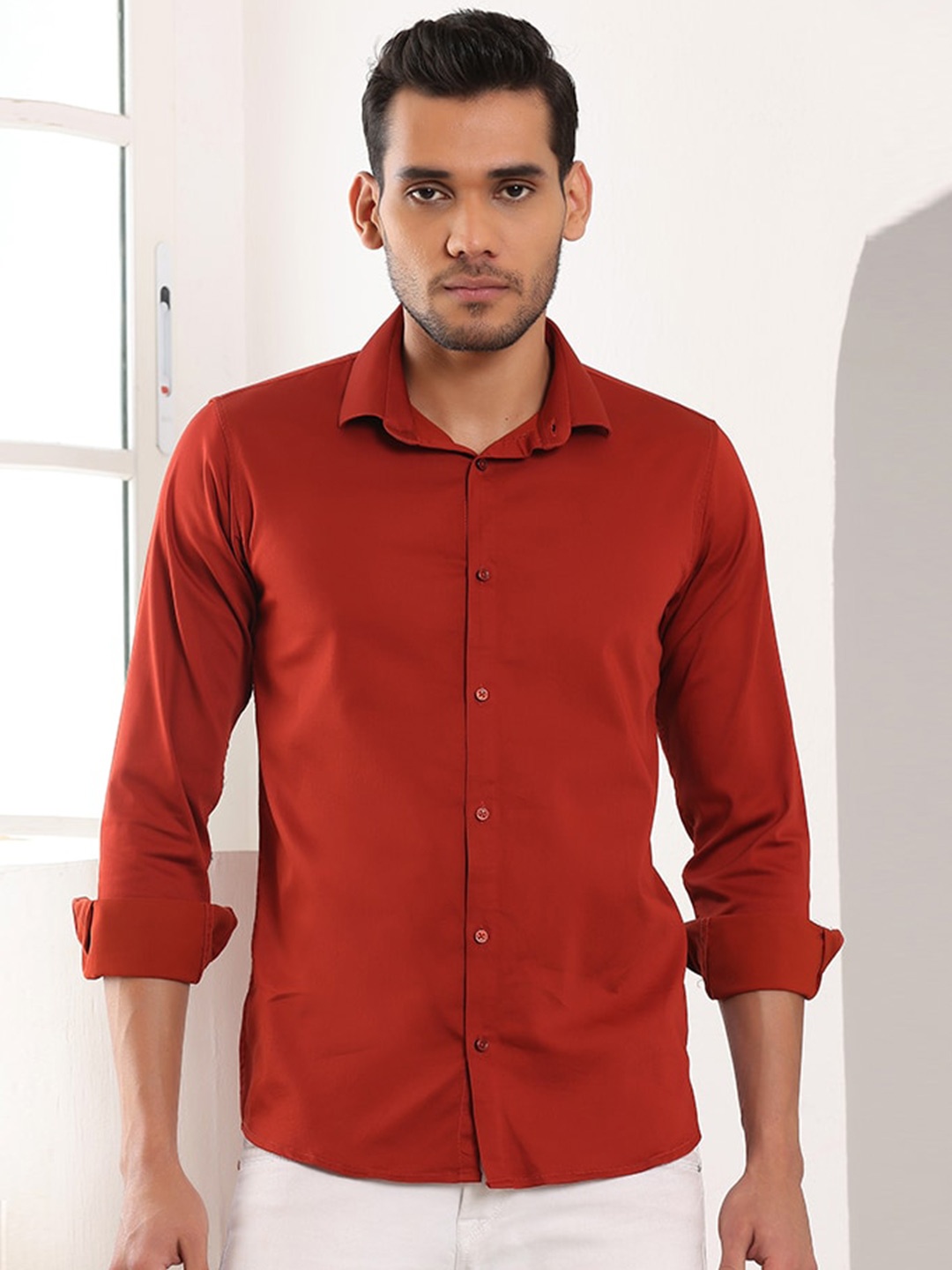 

FILO HEVIS Classic Cotton Spread Collar Casual Shirt, Red