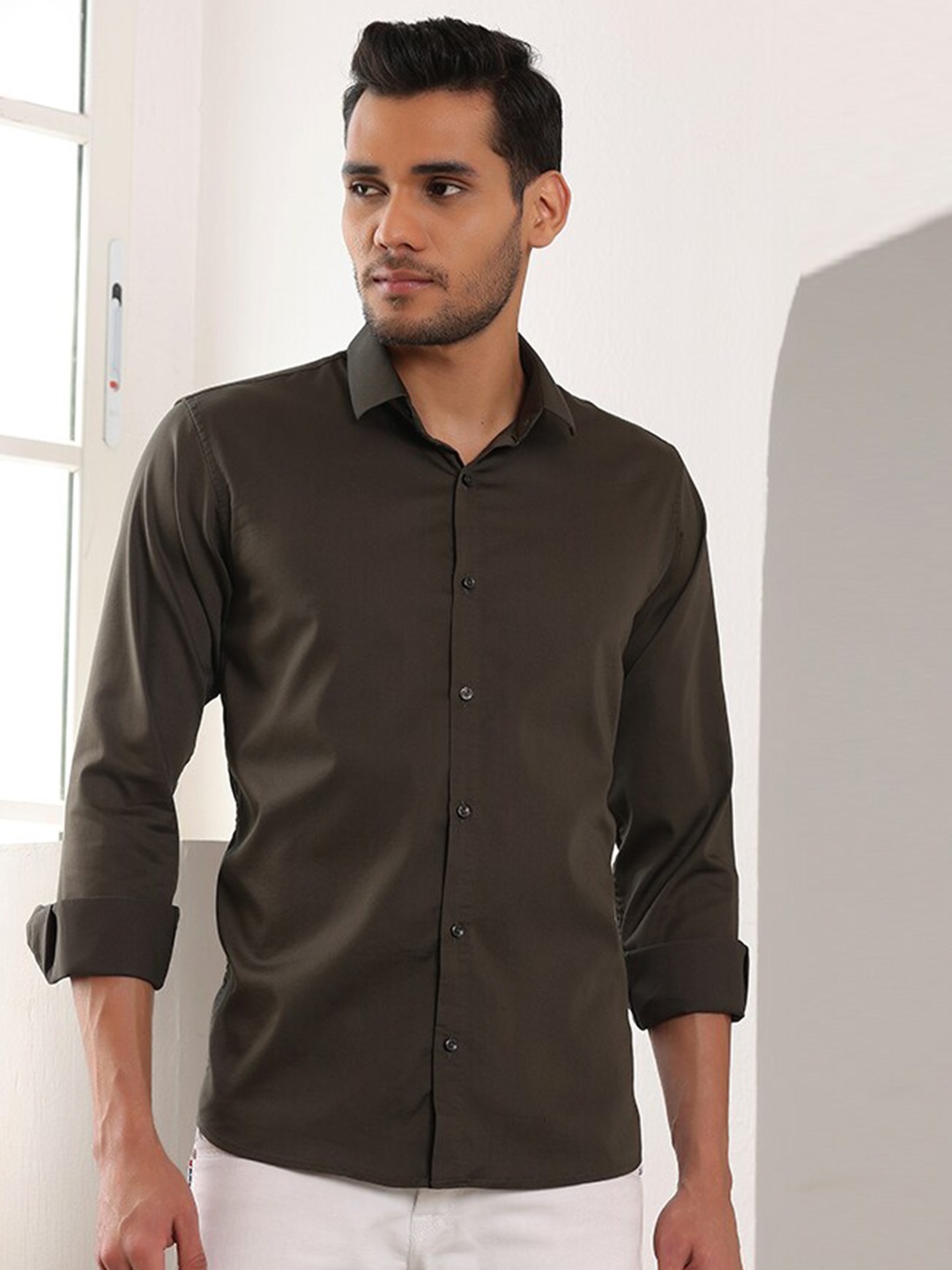 

FILO HEVIS Classic Cotton Spread Collar Casual Shirt, Olive