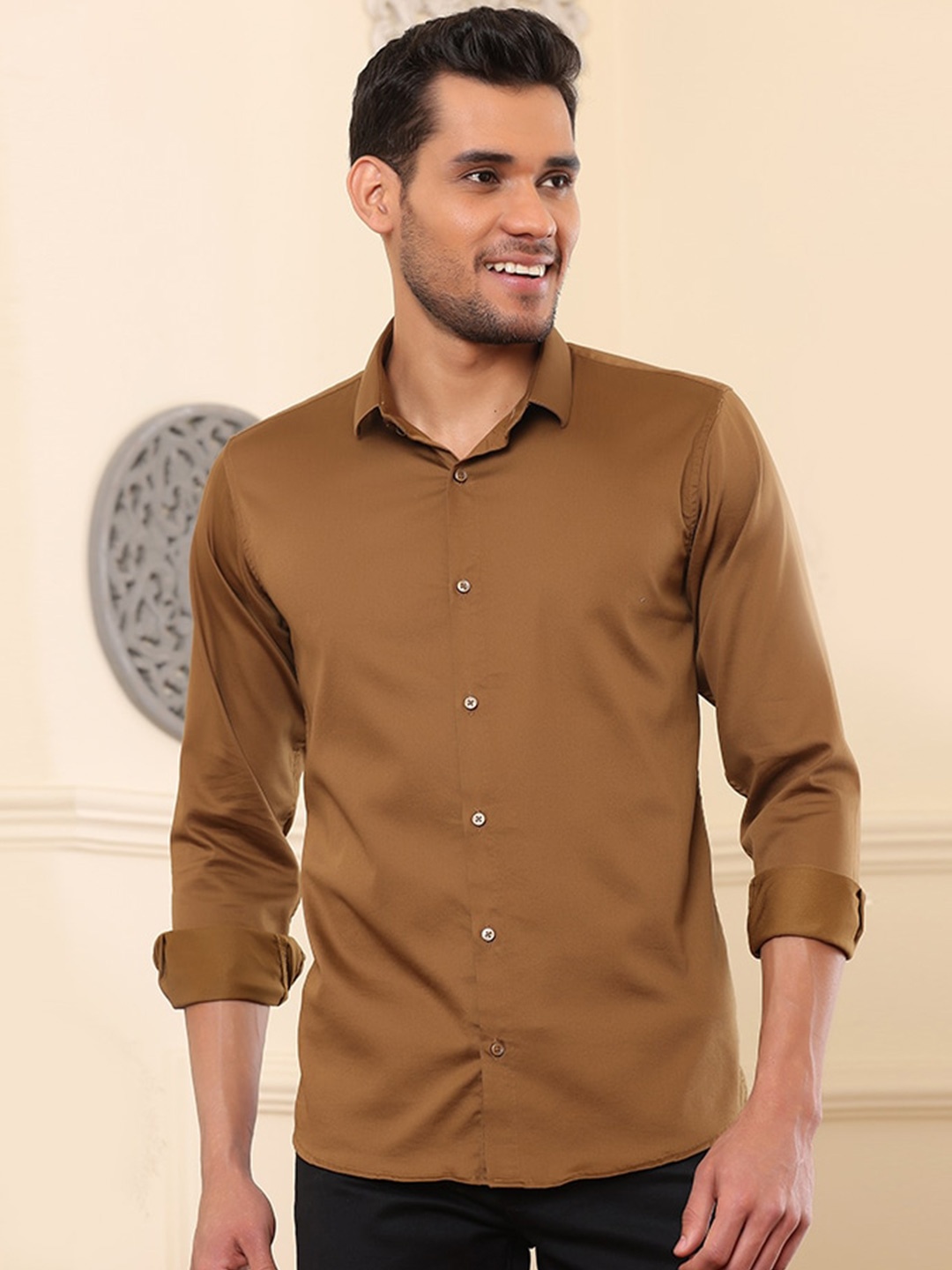 

FILO HEVIS Classic Cotton Spread Collar Casual Shirt, Brown