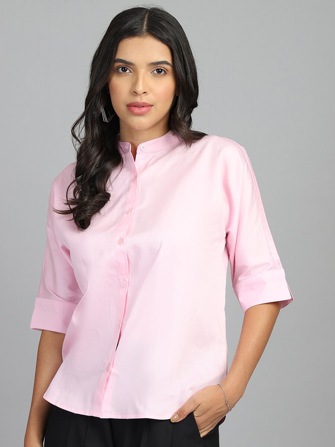 

FITHUB Mandarin Collar Cotton Casual Shirt, Pink