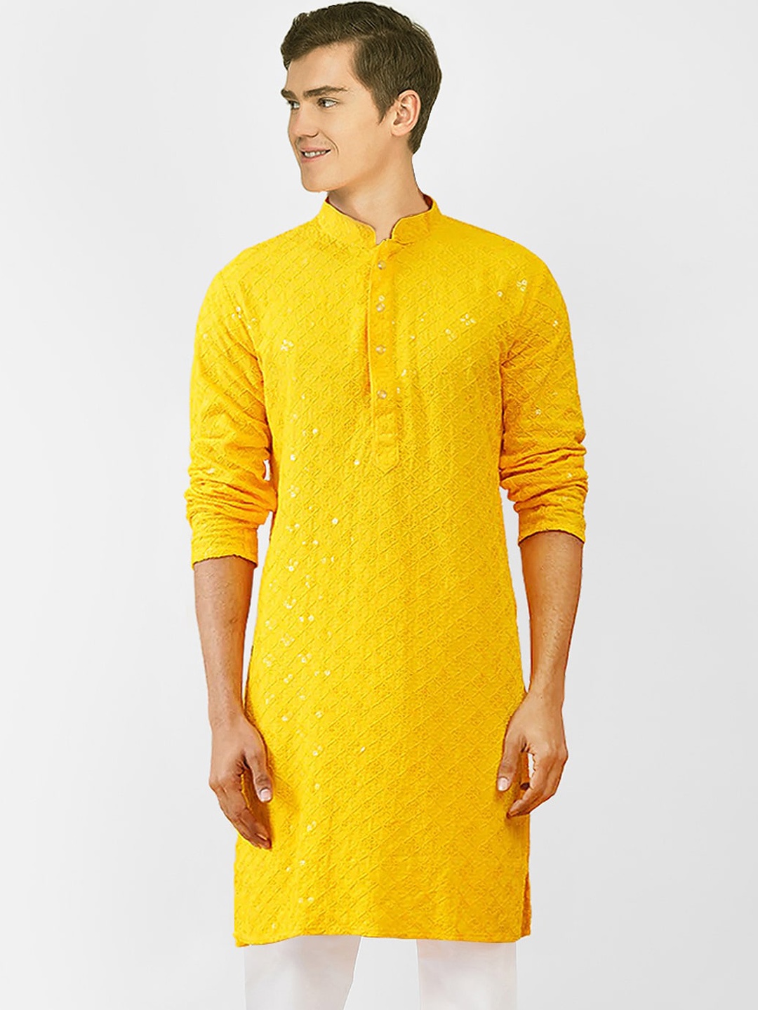 

SG LEMAN Long Sleeves Mandarin Collar Cotton Thread Work Kurta, Yellow