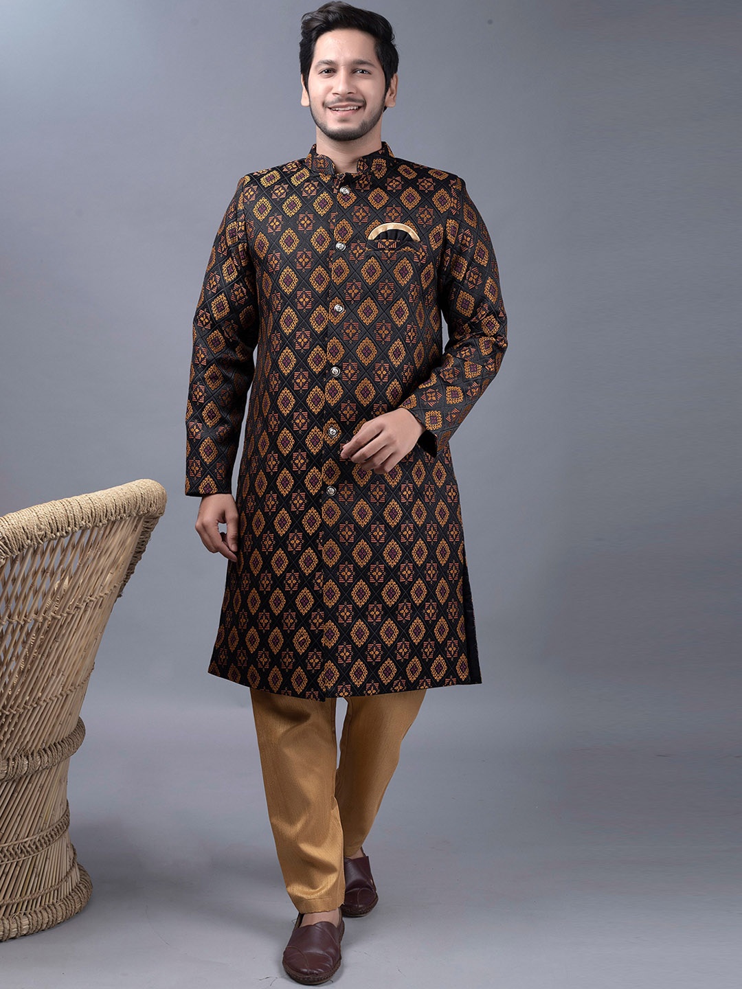 

amzira Brocade Mandarin Collar Pure Cotton Sherwani Set, Black