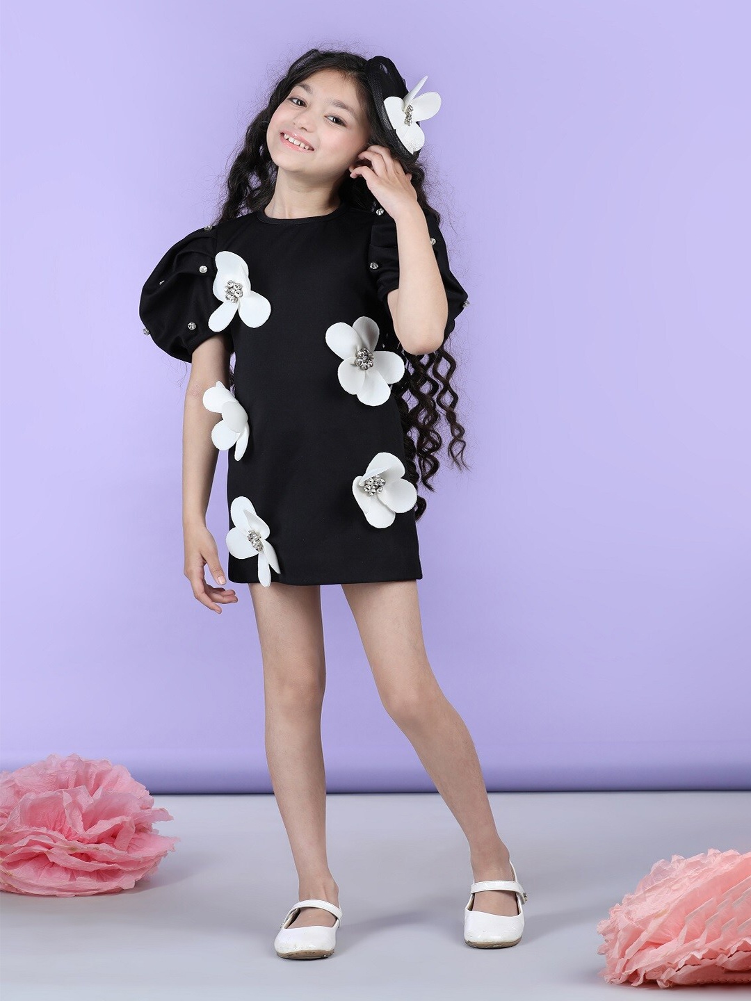 

THE LITTLE CELEBS Girls Floral Embellished Puff Sleeves Min Bodycon Dress, Black