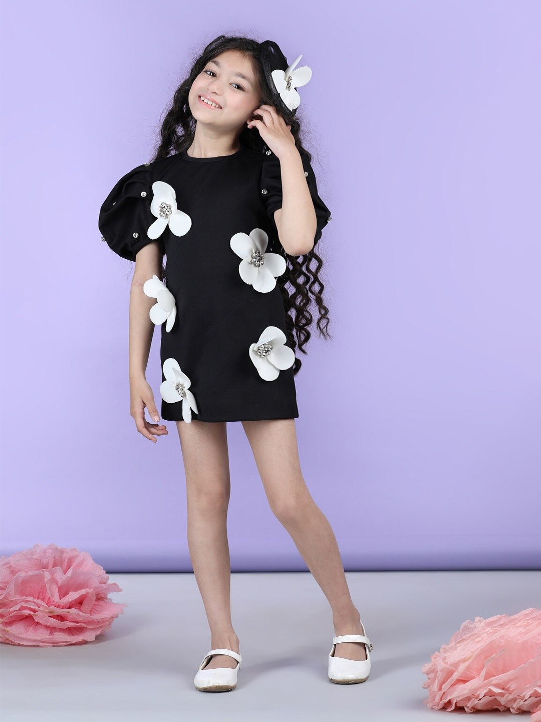 

THE LITTLE CELEBS Girls Floral Embellished Puff Sleeves Min Bodycon Dress, Black