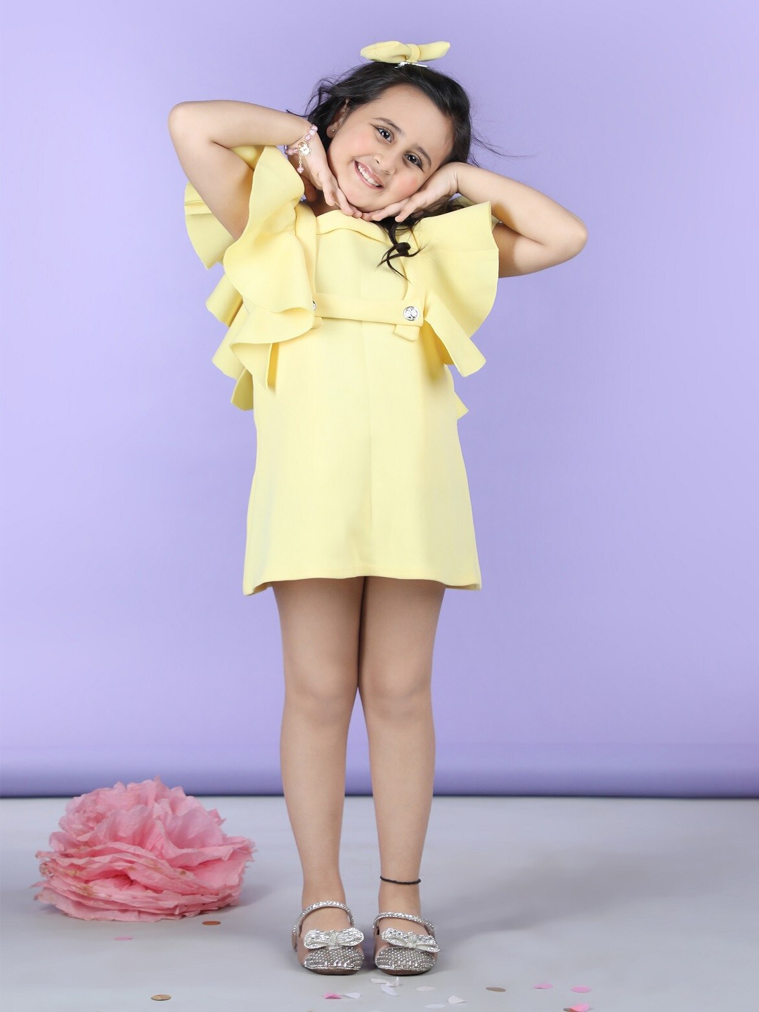 

THE LITTLE CELEBS Girls Square Neck Flutter Sleeve A-Line Mini Casual Dress, Yellow