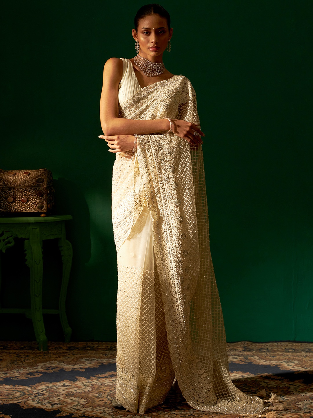 

Sabaahat Embellished Embroidered Pure Silk Saree, Cream