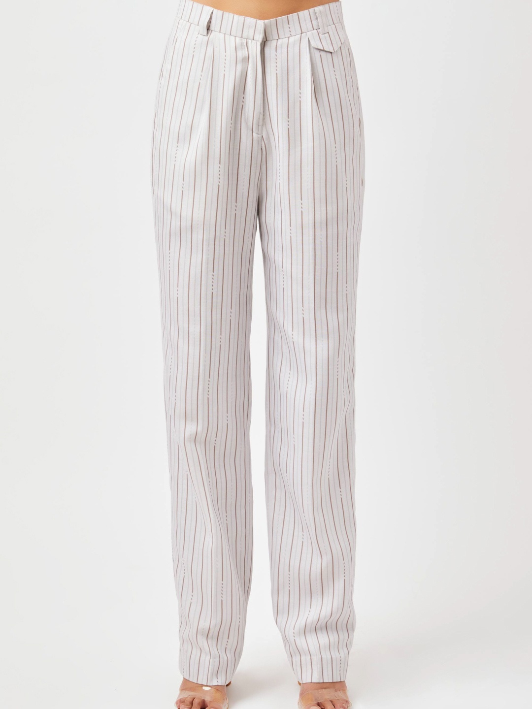 

Contemponari Women Striped Plain Mid-Rise Linen Trousers, White