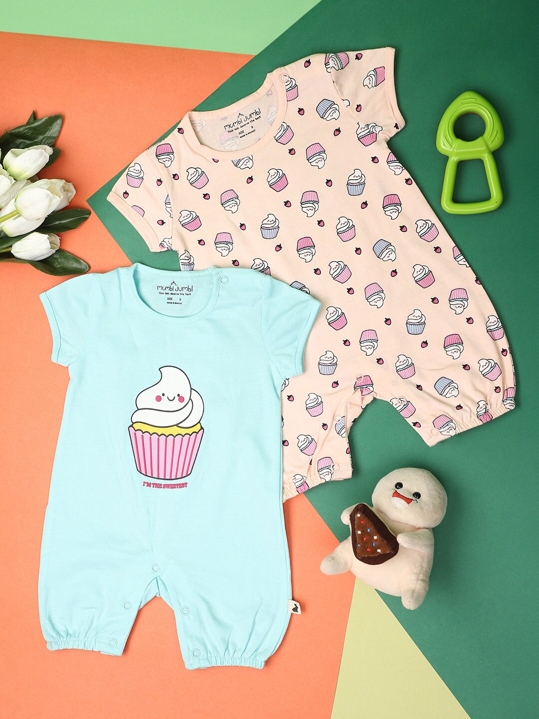 

V-Mart Infants Pack of 2 Printed Pure Cotton Round Neck Rompers, Pink
