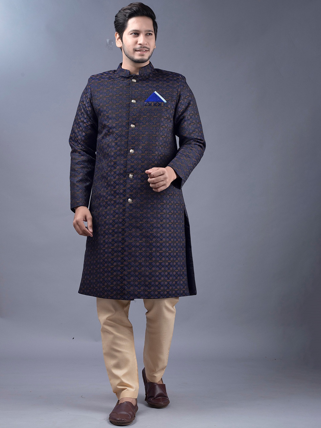 

amzira Brocade Mandarin Collar Pure Cotton Sherwani Set, Blue