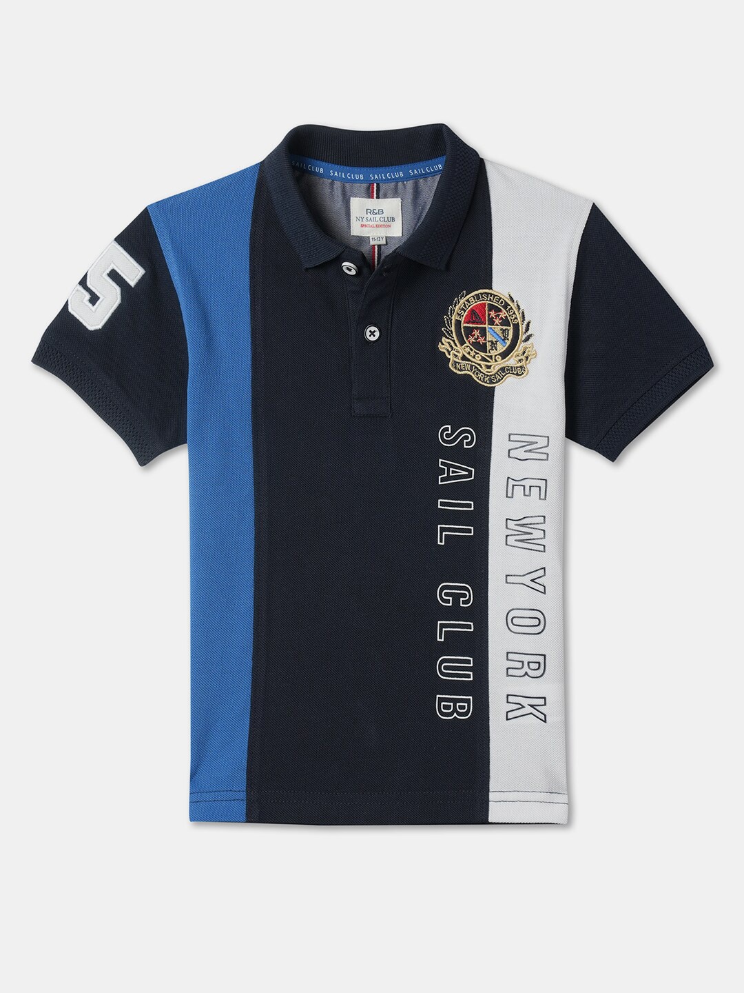 

R&B Boys Colourblocked Polo Collar T-shirt, Blue