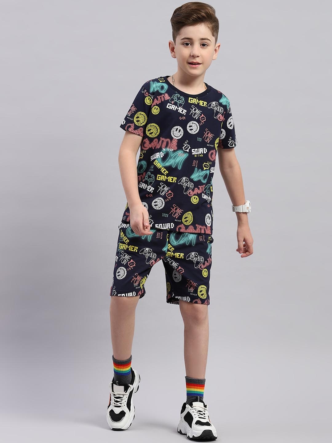 

Monte Carlo Boys Printed Round Neck Short Sleeves T-shirt with Shorts, Navy blue