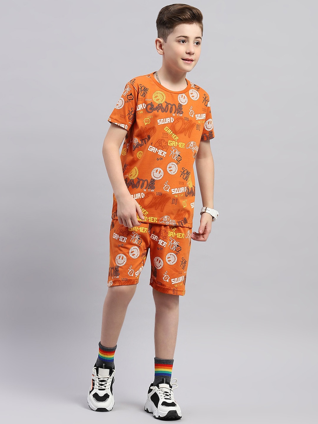 

Monte Carlo Boys Printed Round Neck Short Sleeves T-shirt with Shorts, Orange