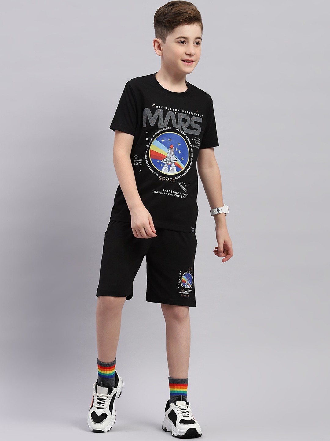 

Monte Carlo Boys Printed Round Neck T-shirt with Shorts, Black