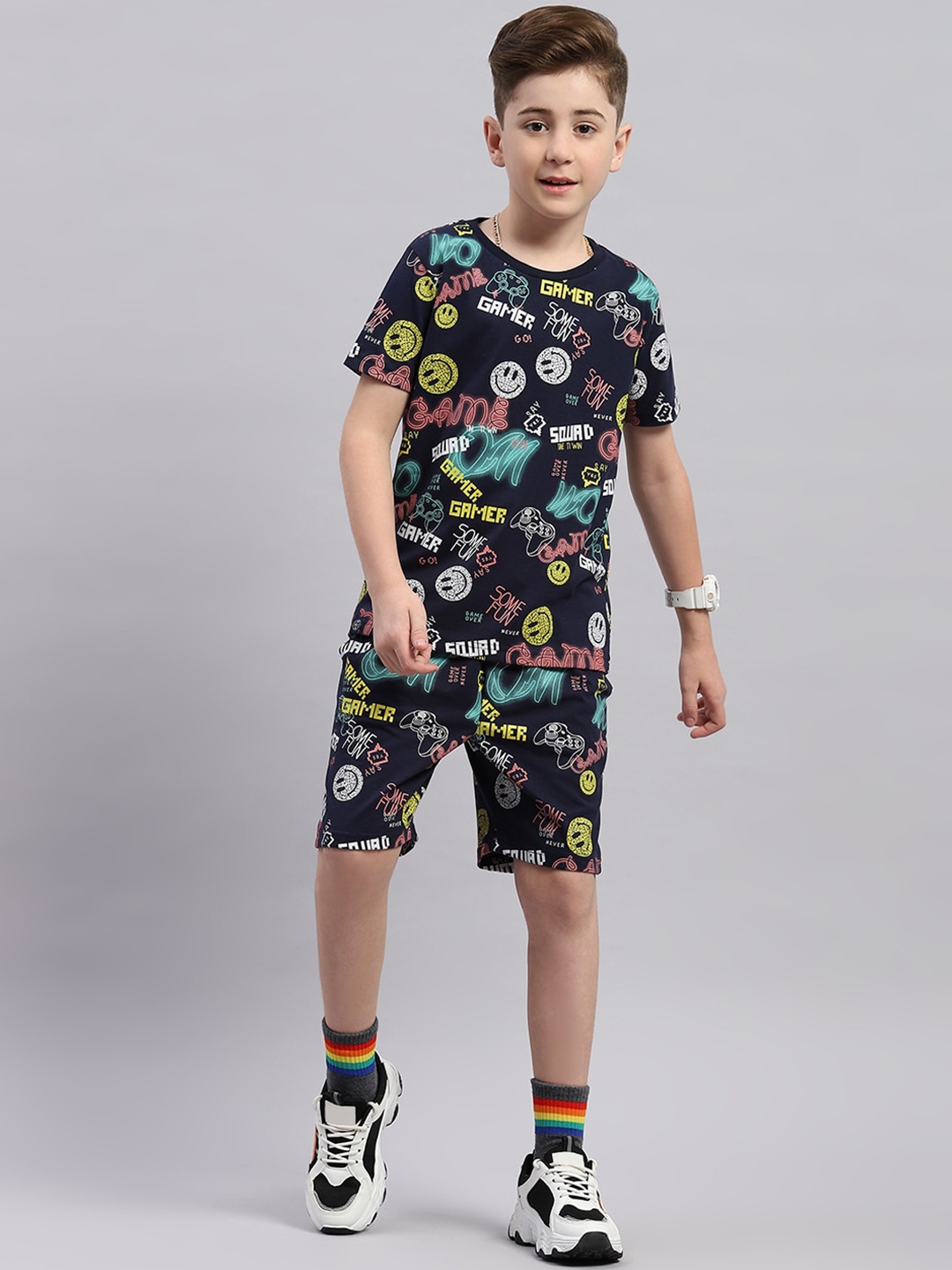 

Monte Carlo Boys Printed Round Neck Short Sleeves T-shirt with Shorts, Navy blue