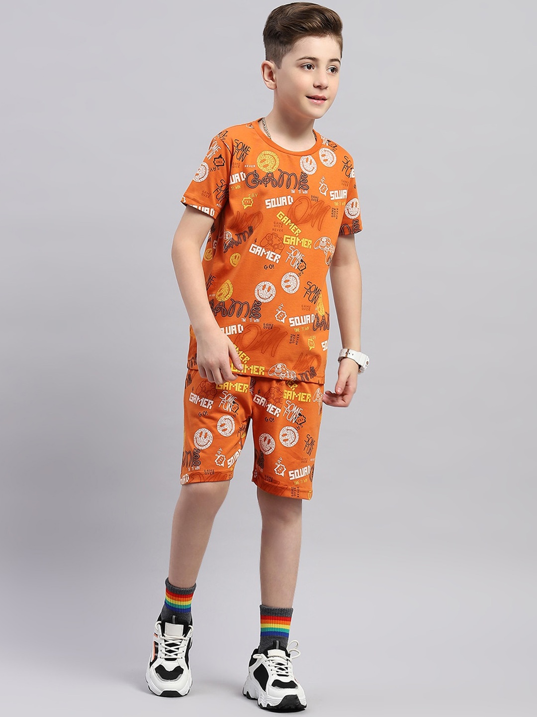 

Monte Carlo Boys Printed Round Neck T-shirt With Shorts, Orange