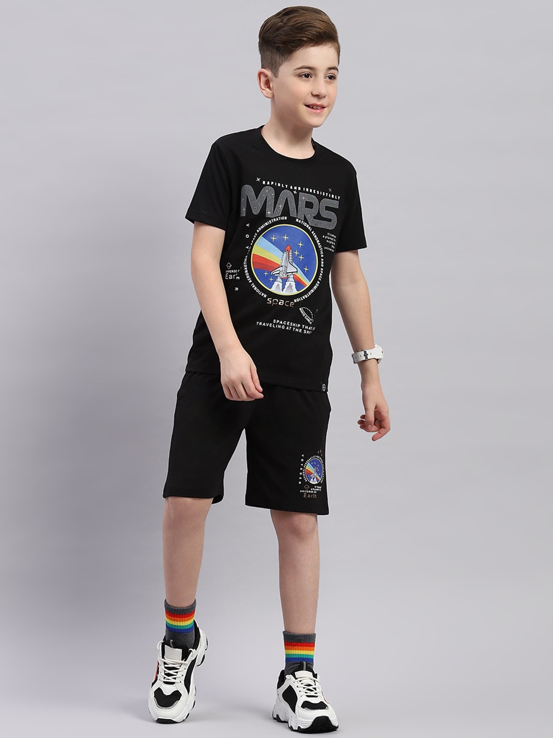 

Monte Carlo Boys Printed Round Neck Half Sleeve T-shirt With Short, Black