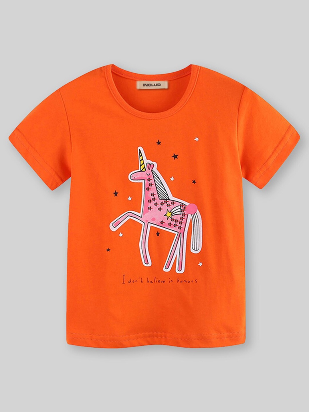 

INCLUD Girls Graphic Printed Round Neck Short Sleeves Casual T-shirt, Orange