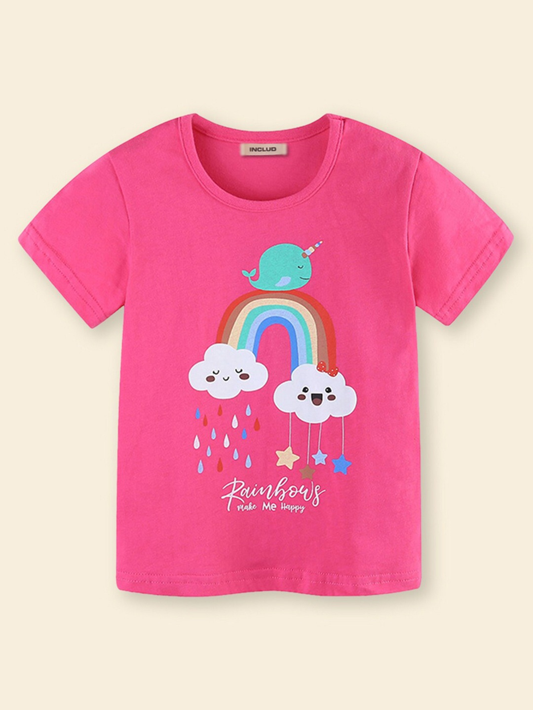 

INCLUD Girls Graphic Printed Round Neck Cotton Regular Fit T-shirt, Pink
