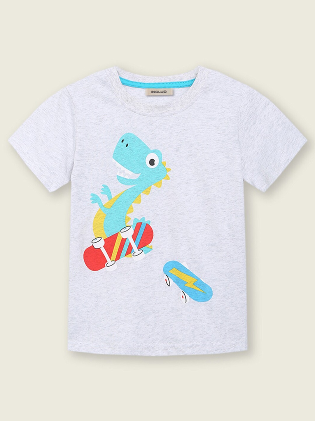 

INCLUD Boys Graphic Printed Round Neck Cotton Applique T-shirt, Grey