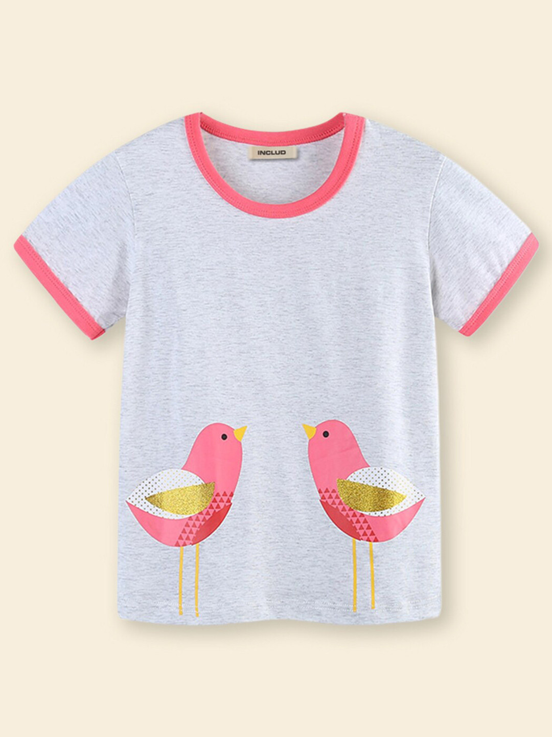 

INCLUD Girls Graphic Printed Round Neck Cotton Raw Edge T-shirt, Grey