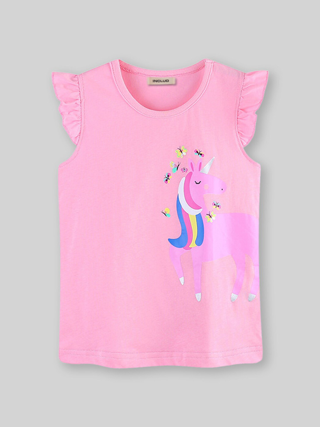 

INCLUD Girls Graphic Printed Round Neck Cap Sleeves T-shirt, Pink