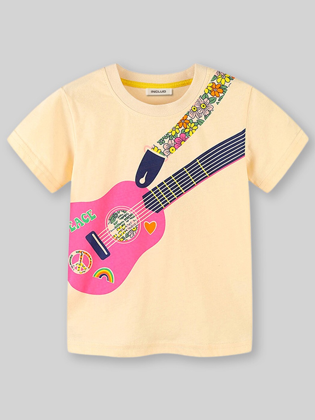 

INCLUD Girls Graphic Printed Round Neck Cotton Regular Fit T-shirt, Off white