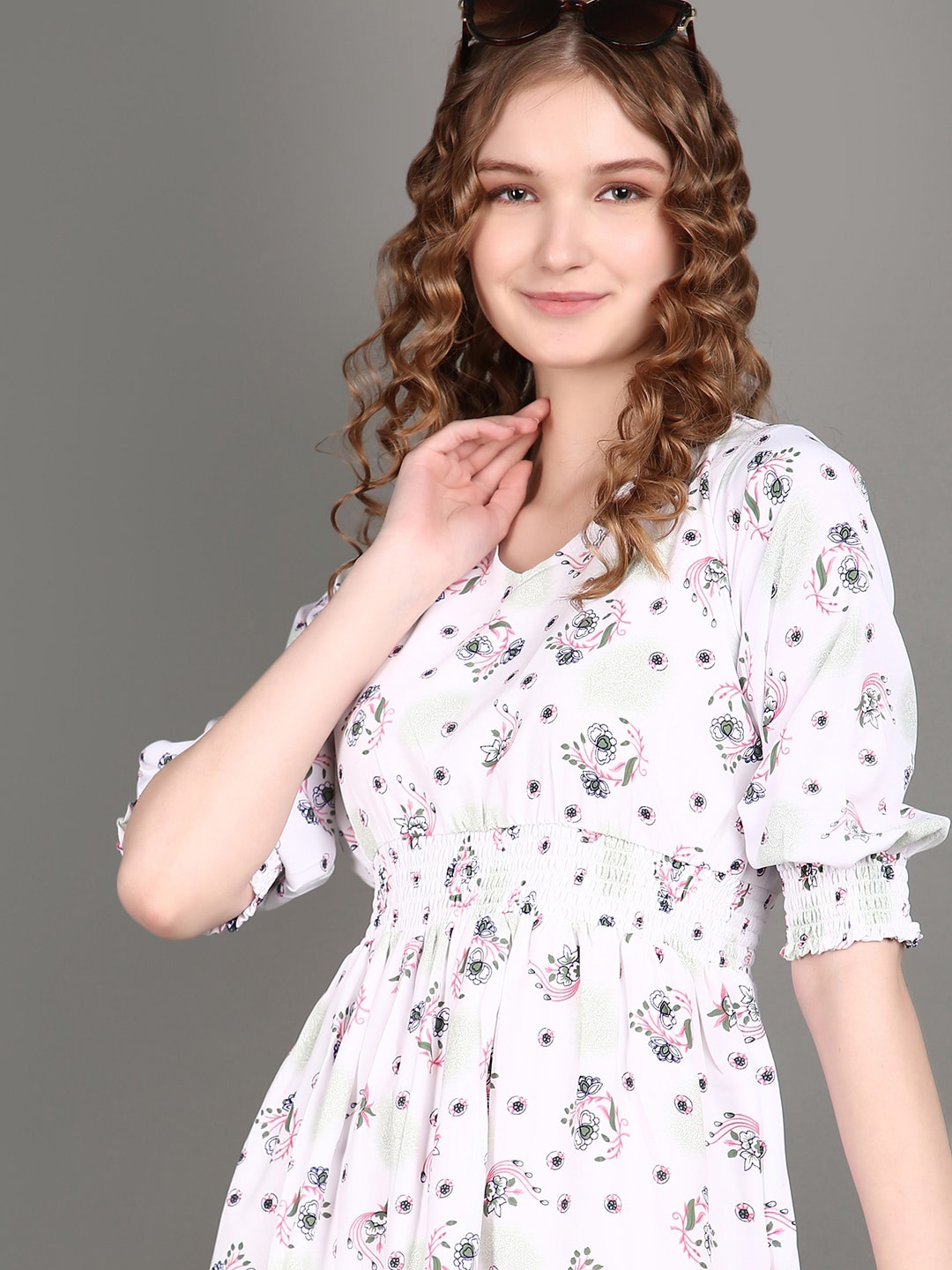 

V-Mart Floral Printed Gathered Smocked Fit & Flare Dress, White