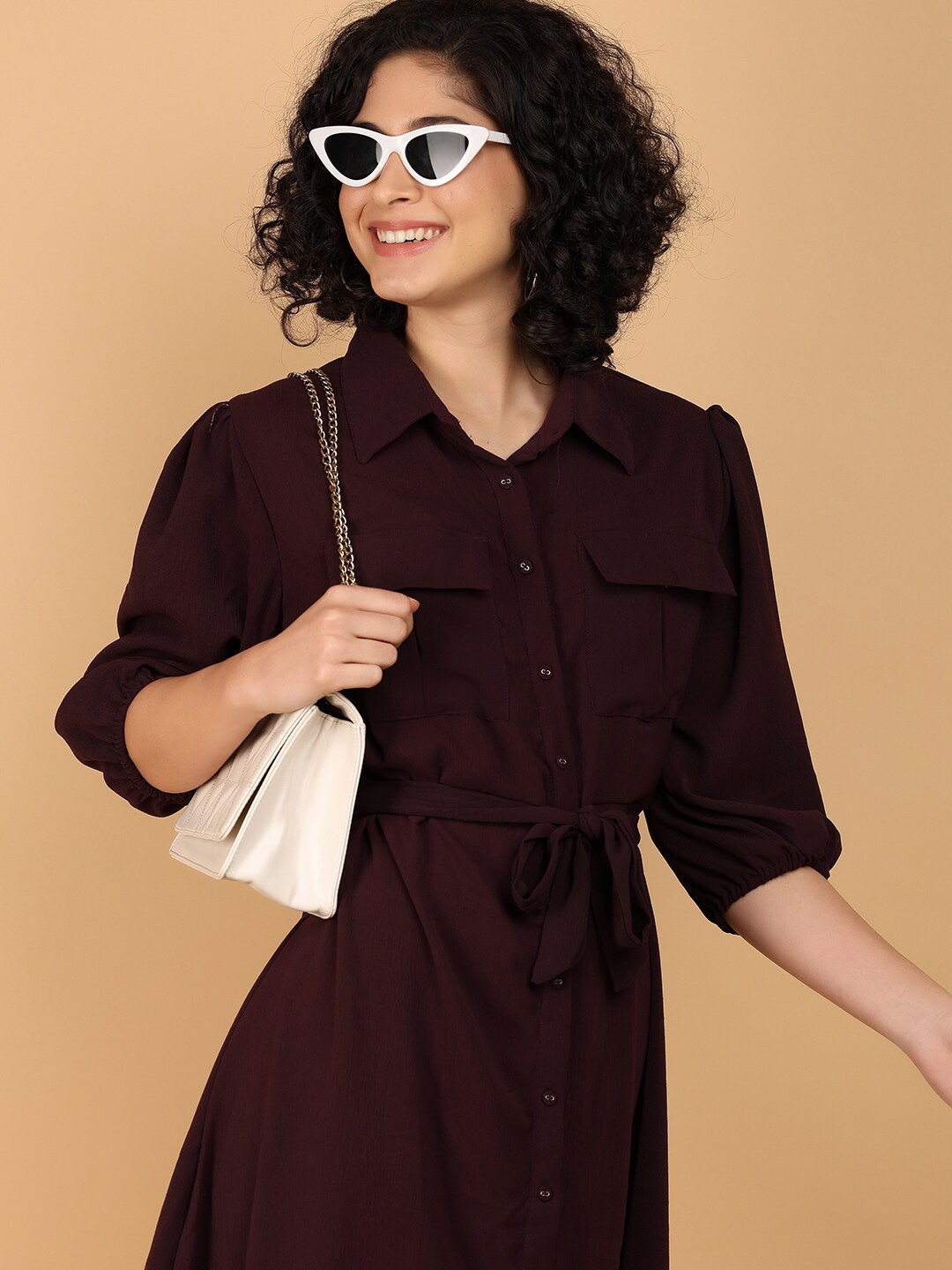 

V-Mart Puff Sleeve Tie-Ups Shirt Dress With Belt, Maroon