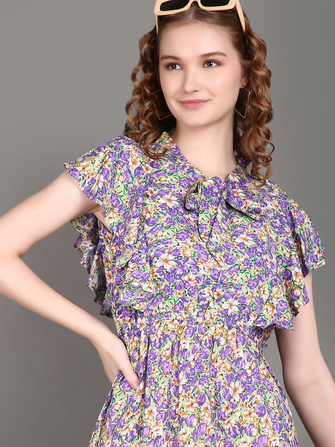 

V-Mart Floral Print Short Sleeves Round Neck Fit & Flare Dress, Purple