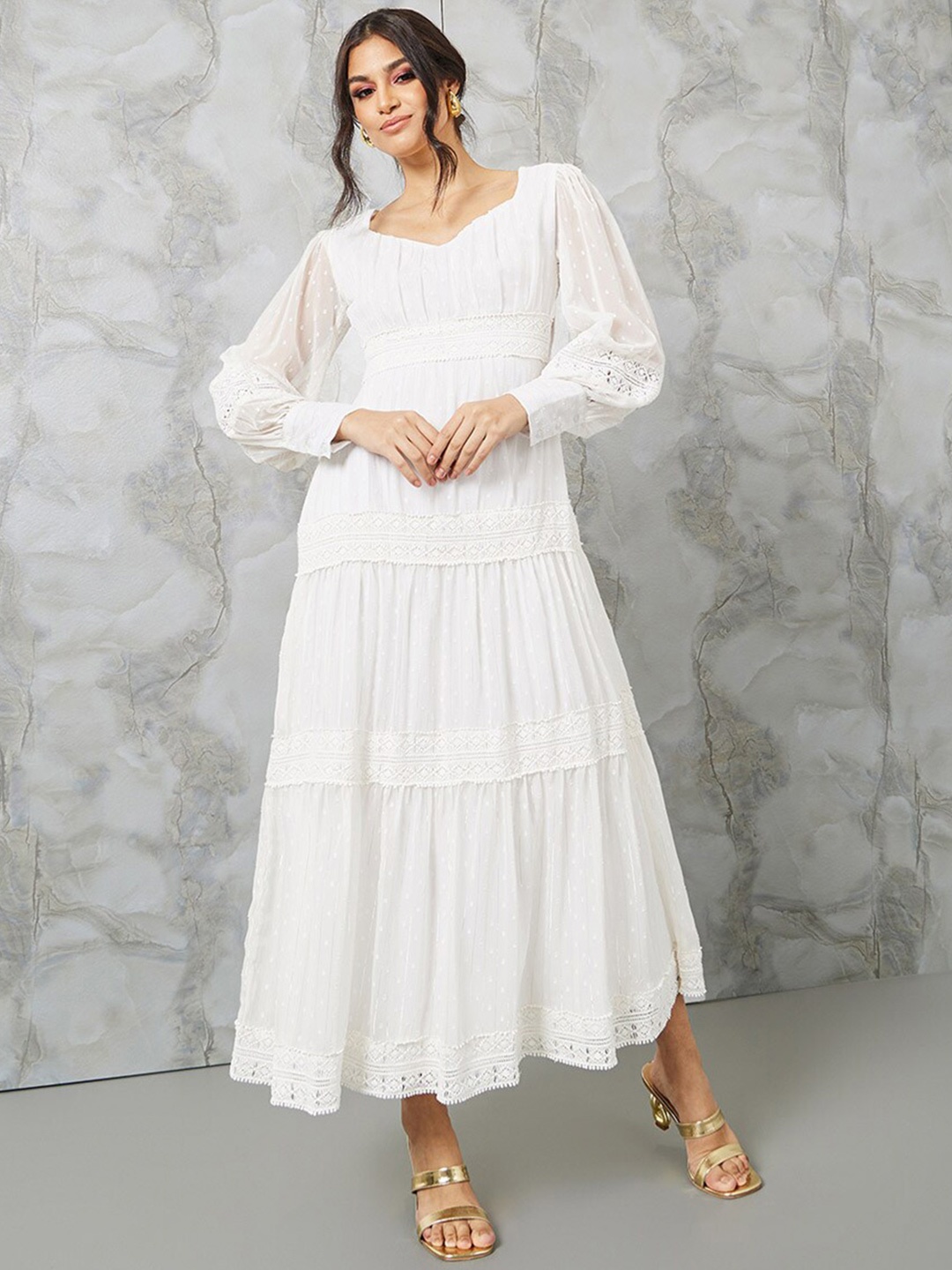 

Styli Women Self Design Lace Inserts Tiered Maxi Dress, White